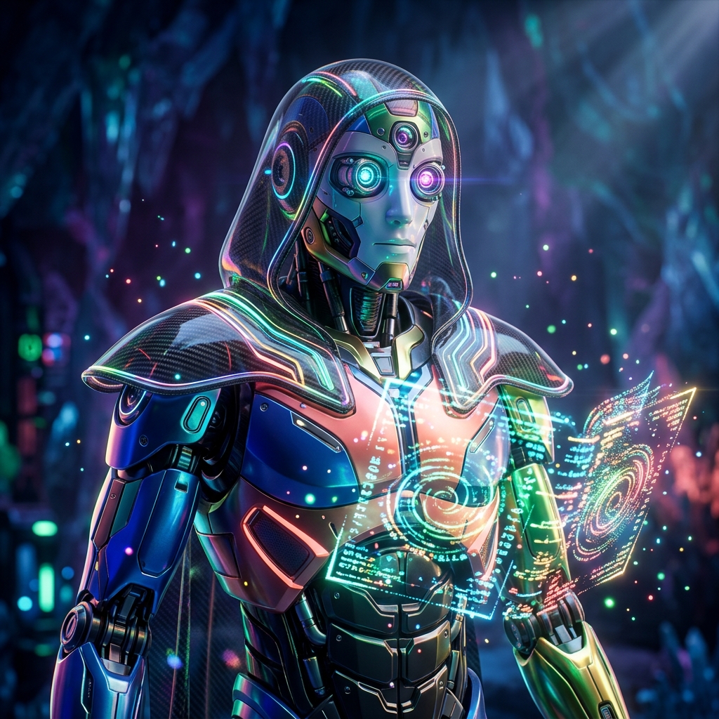 LoyaltyOps Warroom | Campaign Command for Loyalty & Rewards — Business Management category hero — sci-fi wizard robot with a floating spellbook of holographic glyphs and light particles in crystalline ice cavern lit by bioluminescent tech installations