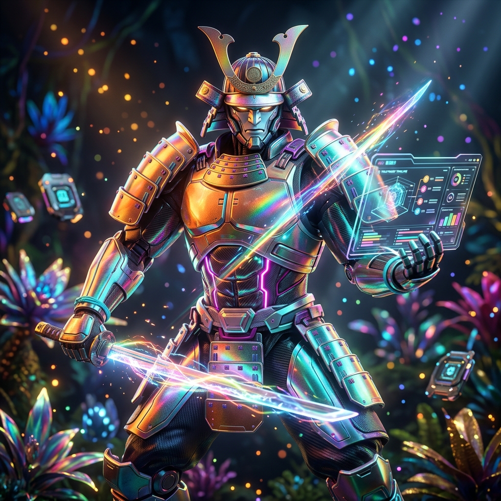 Lumière Case Command | Aesthetic & Clinical Operations — Business Management category hero — majestic samurai-styled mech in lacquered armor with neon under-glow, katana of light in hand in alien jungle biome with glowing flora and floating tech artifacts