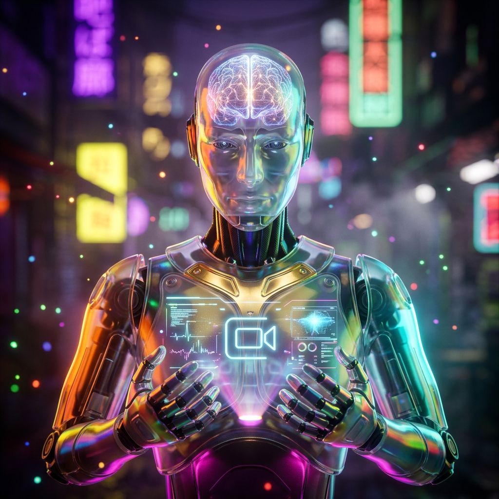 LuminaCase — Clinical Case Command Center for Video Conferencing — Video Conferencing category hero — translucent glass humanoid figure with a glowing neural-network brain visible inside its head in Blade-Runner-style noodle-shop alley with dense neon signage in the background
