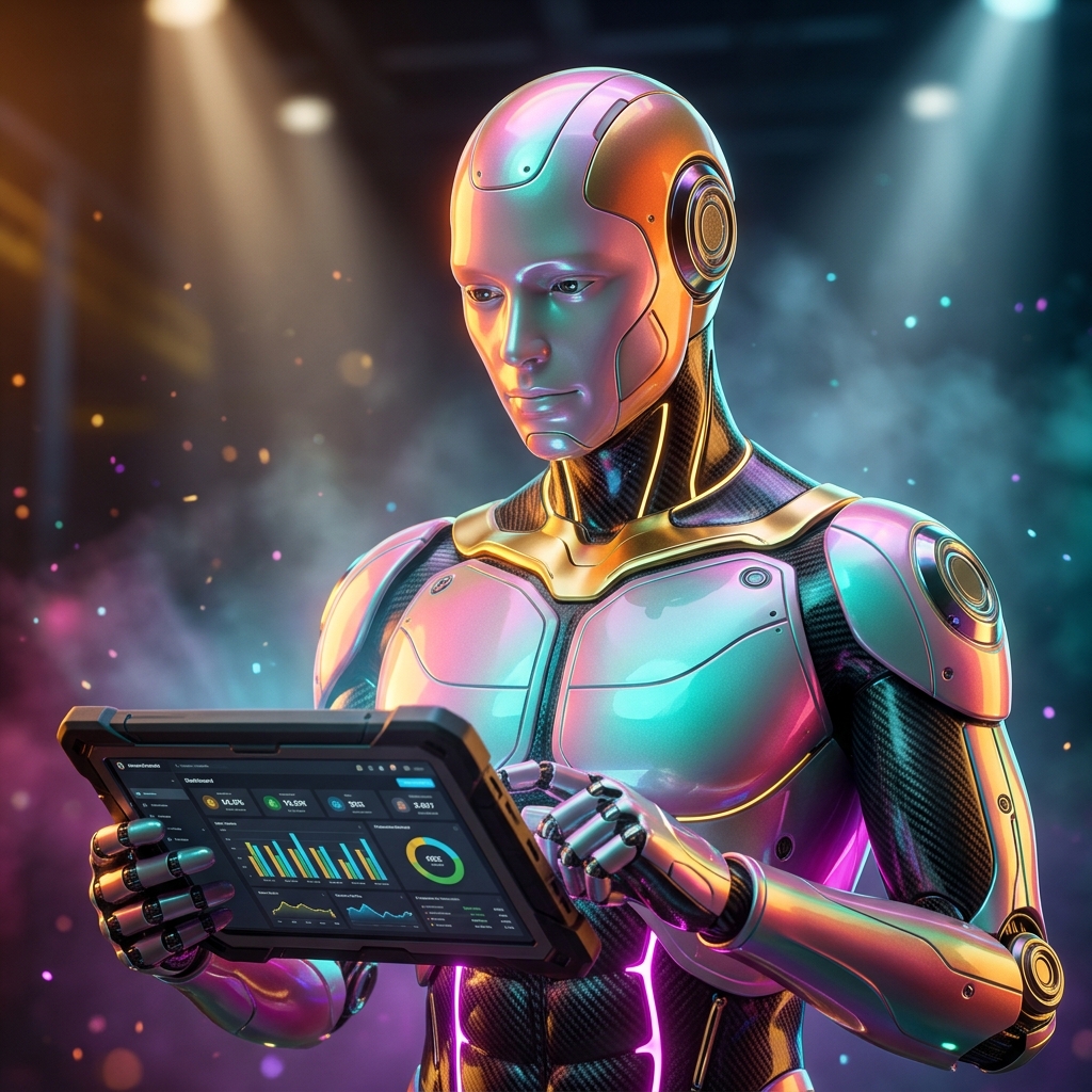 MachinePulse Console — Engineering Reliability Console — Engineering category hero — sleek sports-car-inspired bipedal android mid-motion, carbon-fiber musculature and glowing accent lines in dark cinematic stage with dramatic spotlights streaming down and a hazy atmospheric fog