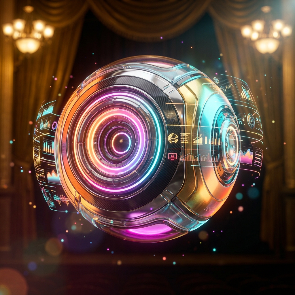 MachinePulse Console | OEE & Shift Command — Analytics category hero — floating spherical AI orb with concentric glowing rings and orbiting holographic icons around it in golden-lit theater interior with heavy velvet curtains and cinematic chandeliers