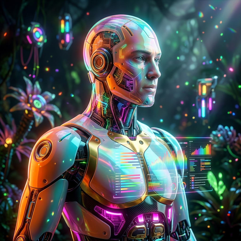 MachinePulse Console — OEE & Shift Command — Analytics category hero — cinematic cyborg character seen in three-quarter profile, exposed circuitry glowing beneath translucent skin, intense neon rim light in alien jungle biome with glowing flora and floating tech artifacts