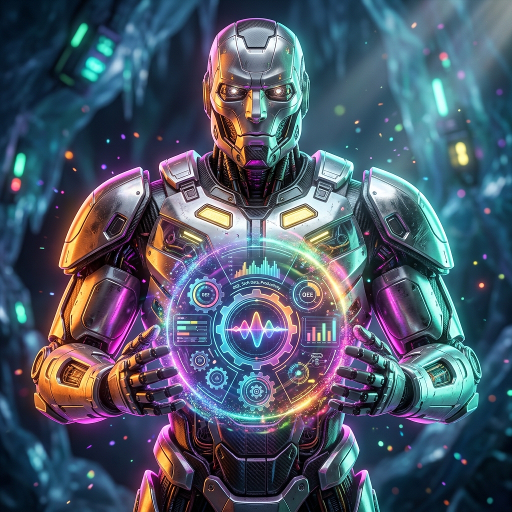 MachinePulse Console — OEE & Shift Operations — Productivity & Productivity Suites category hero — heavily armored guardian robot holding a symbolic emblem of the category with both hands in crystalline ice cavern lit by bioluminescent tech installations