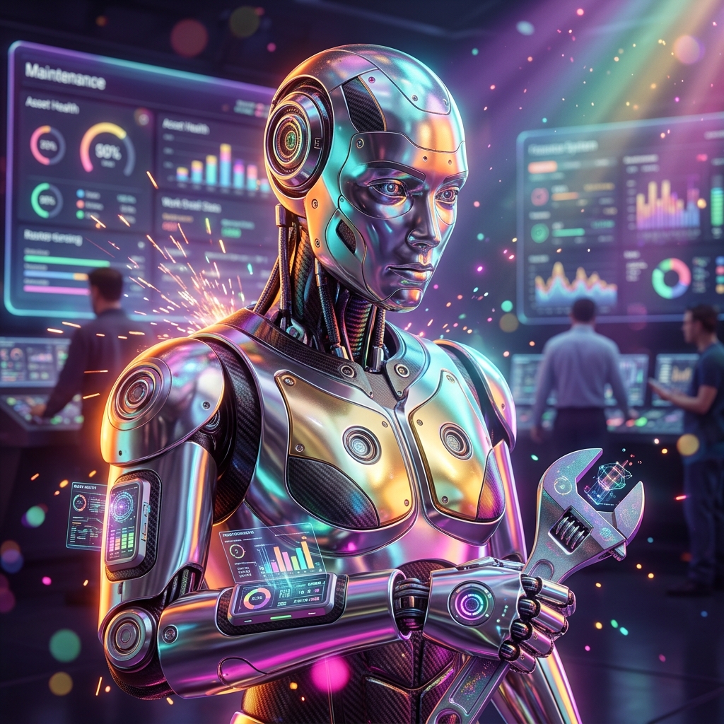 MaintainIQ · Maintenance & CMMS Cloud — Business Management category hero — chrome-plated bipedal android caught mid-motion, sparks and light particles trailing around it in futuristic control room with massive glowing holographic screens and volumetric light rays