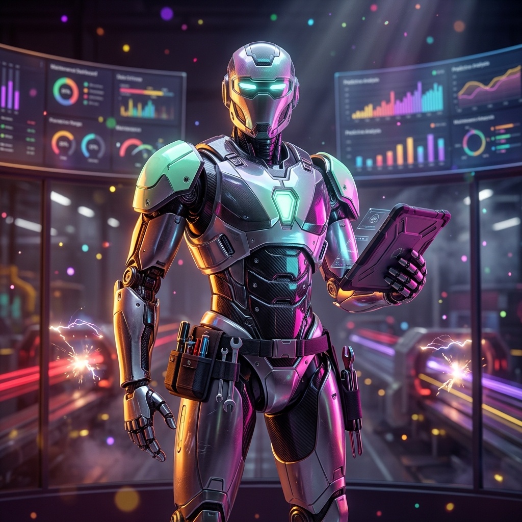 MaintainOS · CMMS Command — Business Management category hero — hyper-detailed humanoid robot with glossy plating and glowing visor eyes, striking a confident hero pose in the center of the frame in magnetic-levitation factory floor with sparking arcs of electricity and machinery
