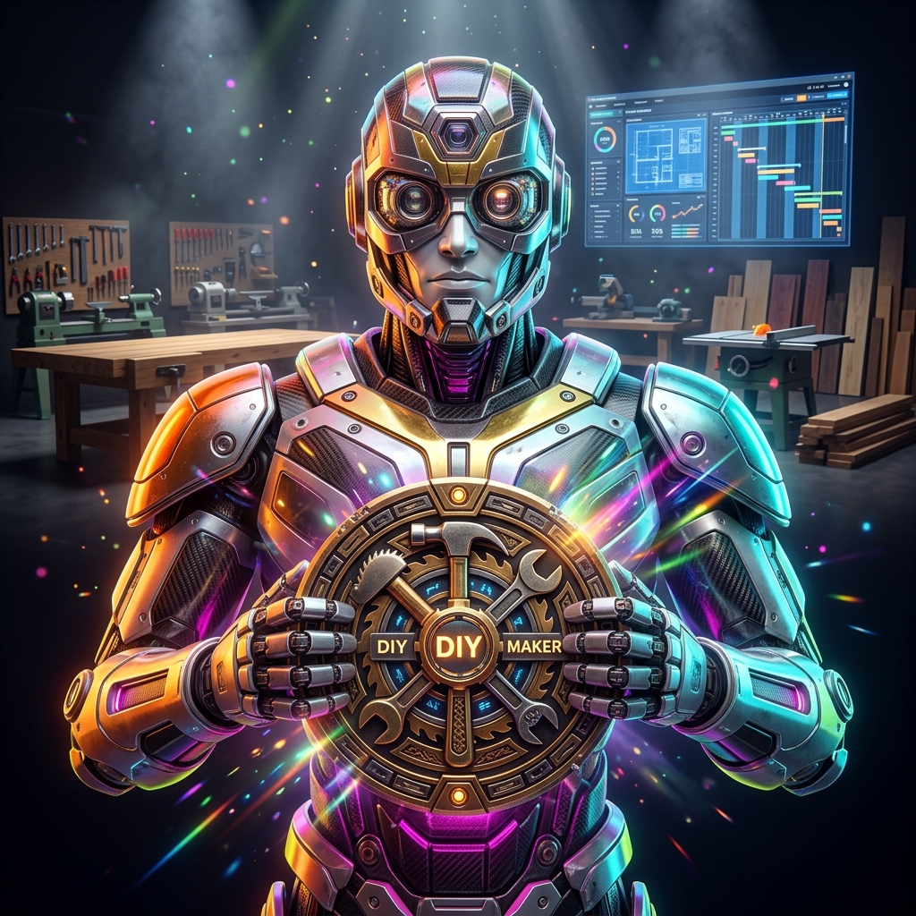 Makerfield Command — DIY & Woodworking Project War Room — DIY category hero — heavily armored guardian robot holding a symbolic emblem of the category with both hands in dark cinematic stage with dramatic spotlights streaming down and a hazy atmospheric fog