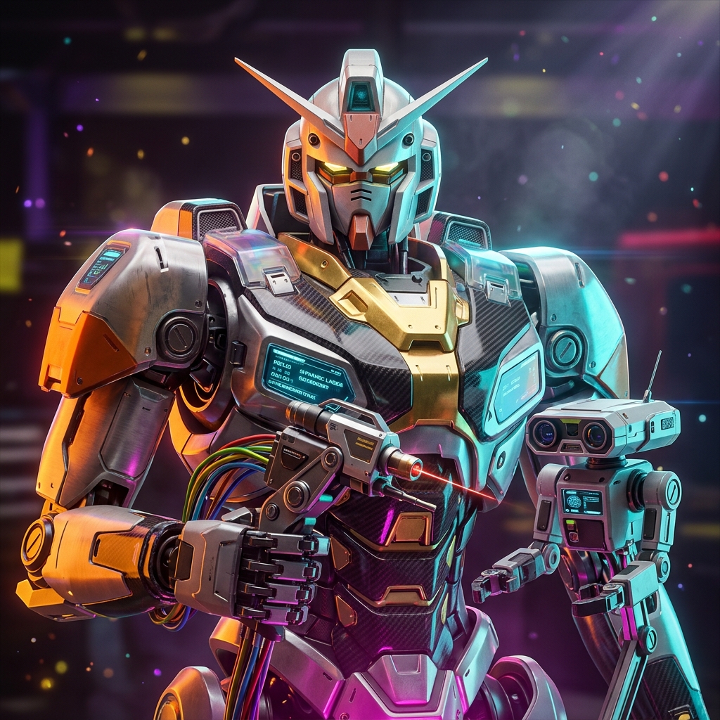 MakerGrid Dispatch — Field Operations for DIY & Workshop — DIY category hero — duo of contrasting robots — one large hero mech and a small companion droid — composed cinematically in Formula-1 style pit garage with saturated color lighting and mechanical detail