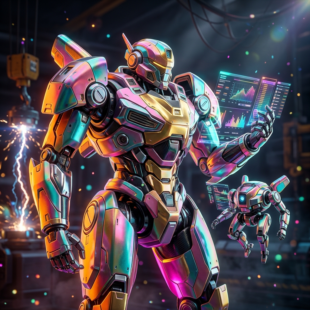 MarketPilot Command — Auction Operations Mission Control — Business Management category hero — duo of contrasting robots — one large hero mech and a small companion droid — composed cinematically in magnetic-levitation factory floor with sparking arcs of electricity and machinery