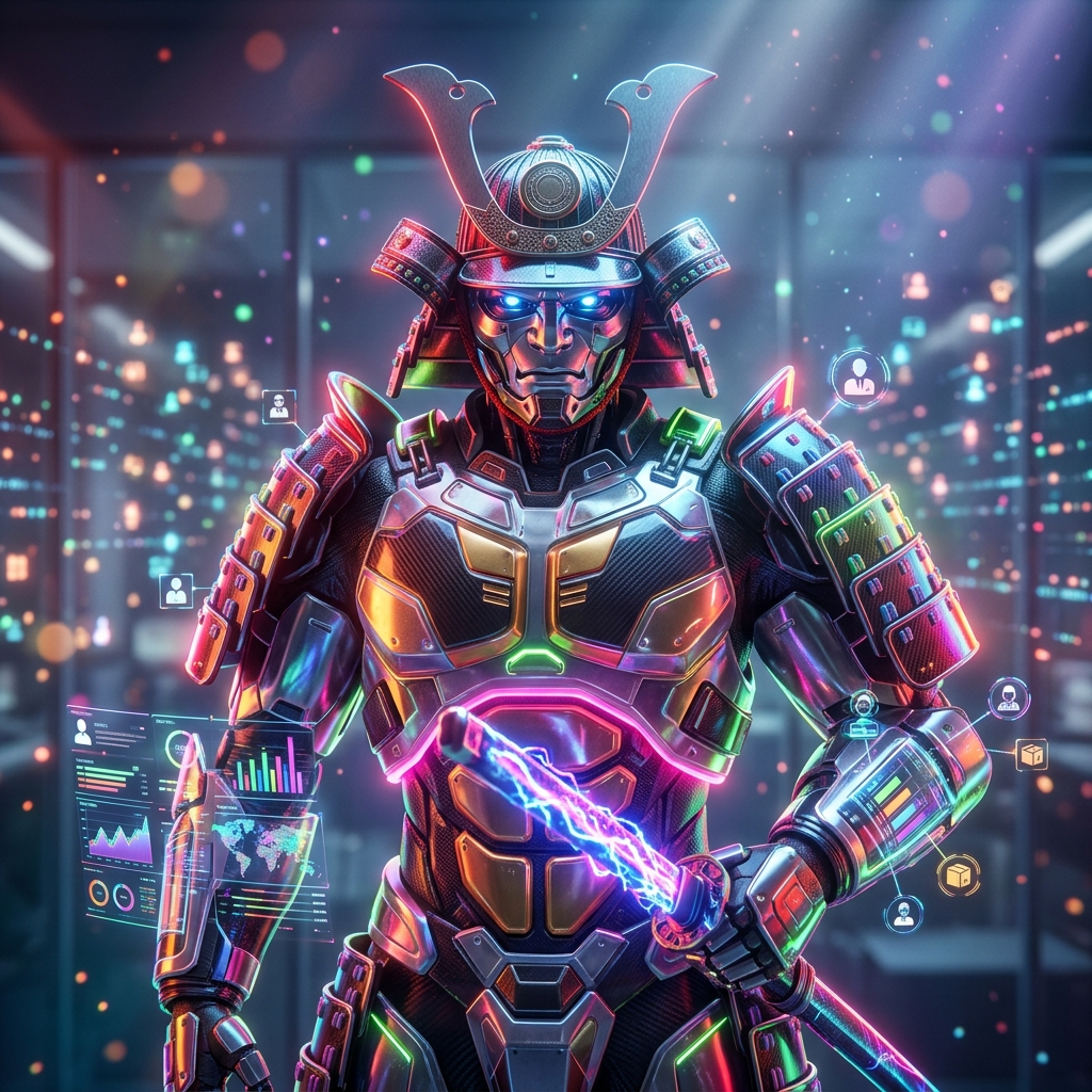 MarketPilot Command | Multi‑Vendor Marketplace Operations Cockpi — E-commerce category hero — majestic samurai-styled mech in lacquered armor with neon under-glow, katana of light in hand in sleek high-tech laboratory with glass walls, floating data panels and particle light