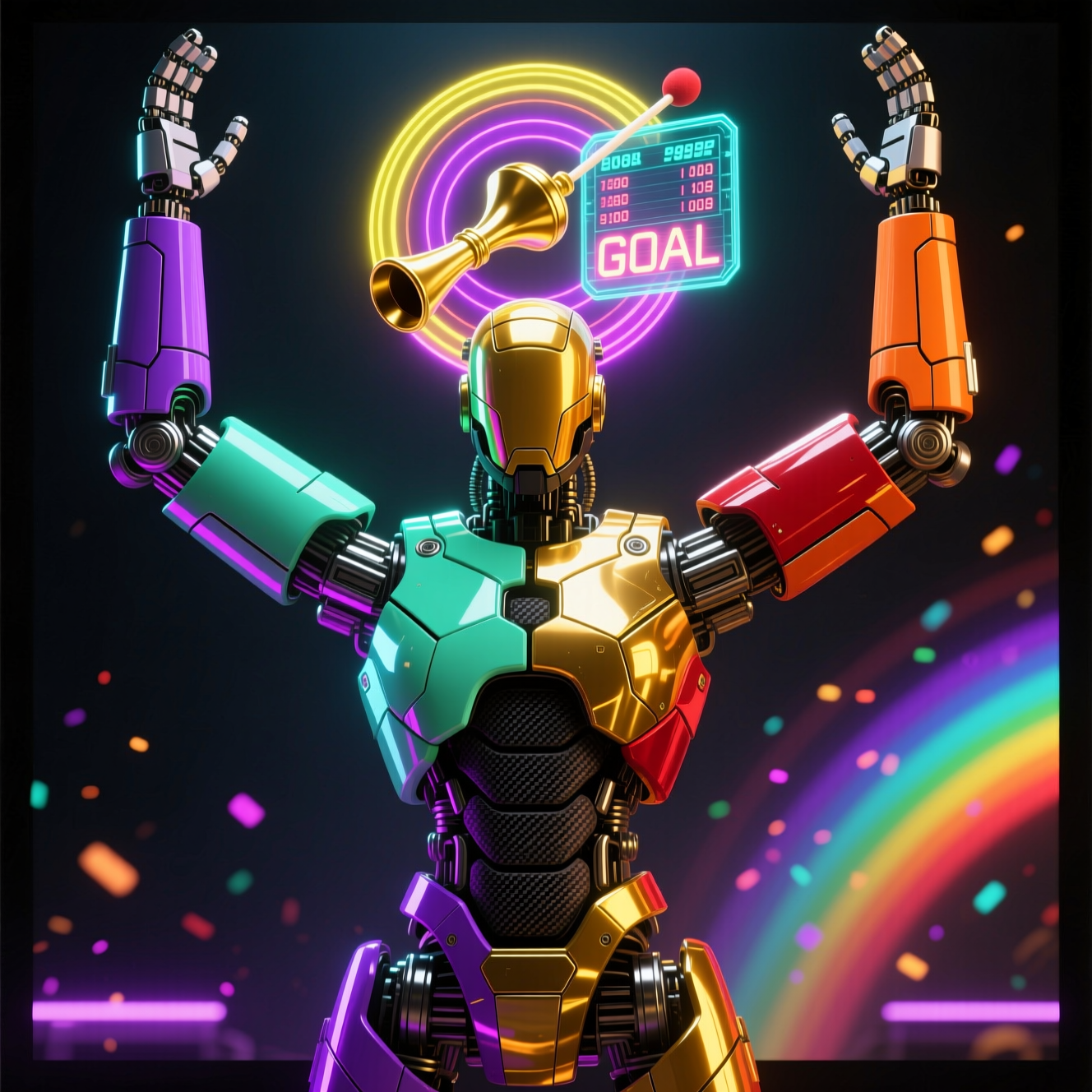 MatchOfficial Pro — Professional Referee Command Suite — Sports category hero — heavily armored guardian robot holding a symbolic emblem of the category with both hands in magnetic-levitation factory floor with sparking arcs of electricity and machinery