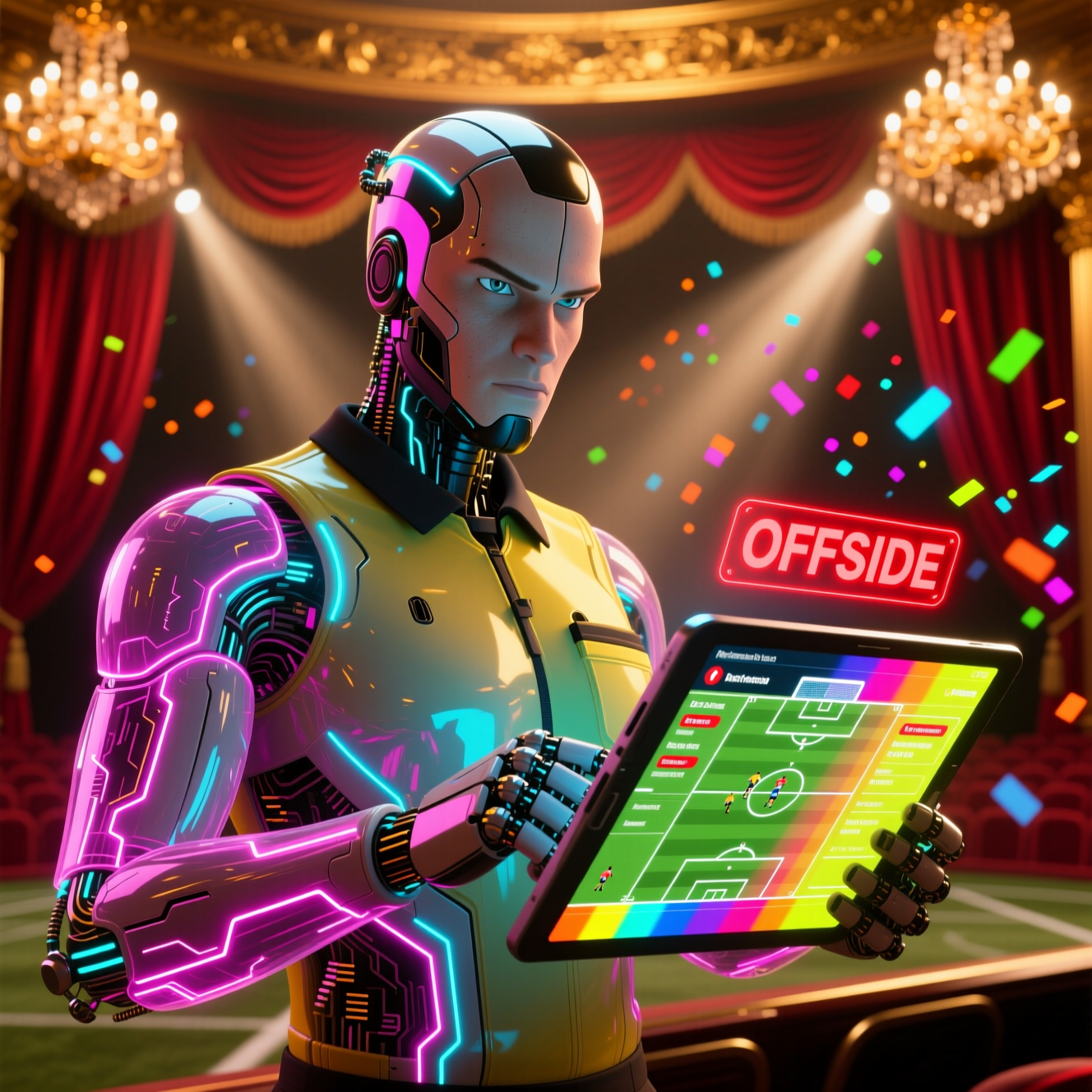 MatchOfficial Pro — Referee Command Cockpit — Sports category hero — cinematic cyborg character seen in three-quarter profile, exposed circuitry glowing beneath translucent skin, intense neon rim light in golden-lit theater interior with heavy velvet curtains and cinematic chandeliers