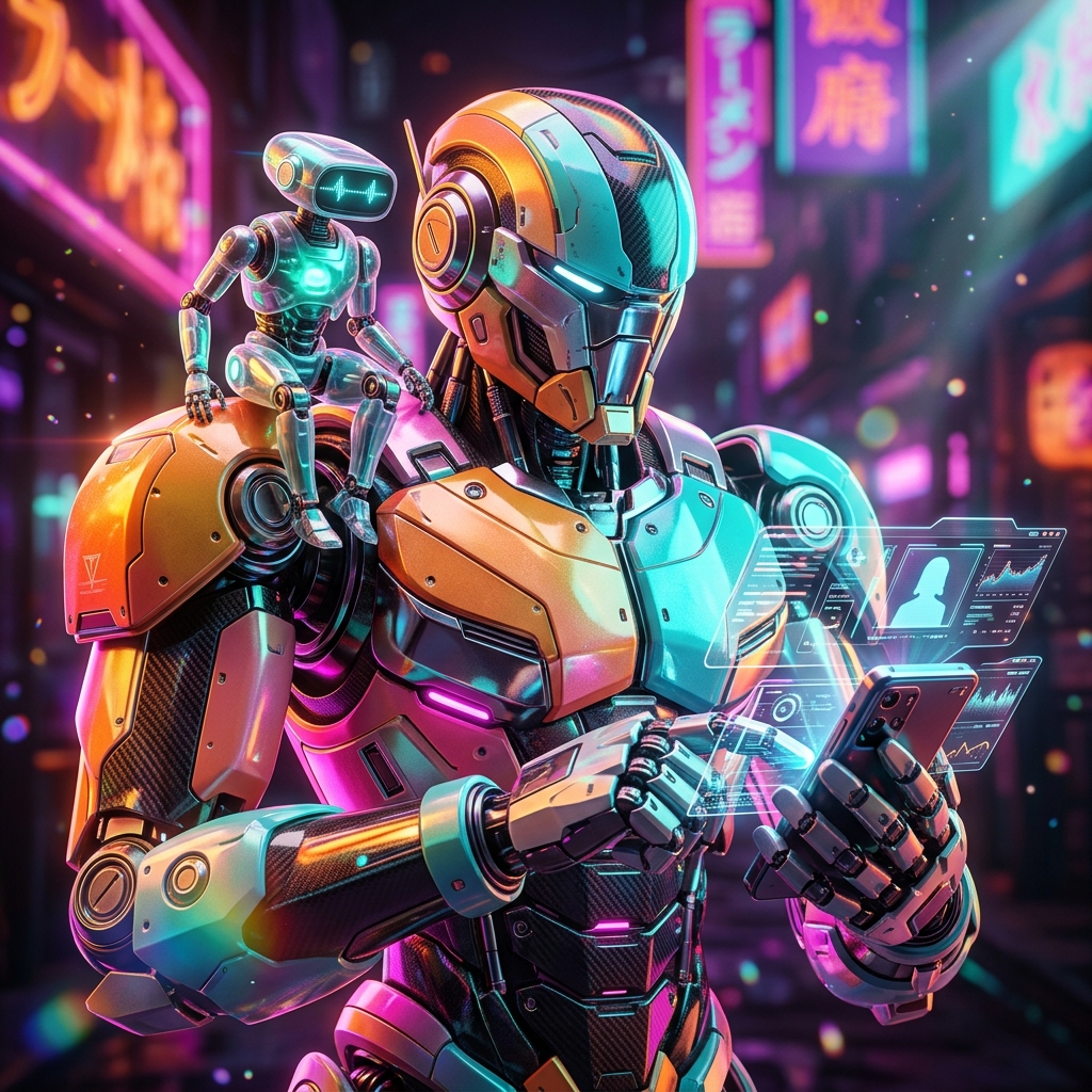 MatchPulse Command — Dating Mission Control Cockpit — Dating category hero — duo of contrasting robots — one large hero mech and a small companion droid — composed cinematically in Blade-Runner-style noodle-shop alley with dense neon signage in the background