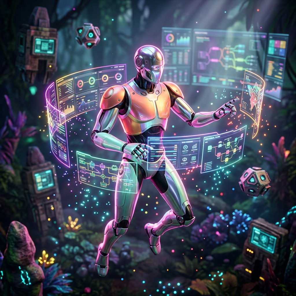 MaterialFlow Command — Manufacturing & MRP Operations Cockpit — ERP category hero — chrome-plated bipedal android caught mid-motion, sparks and light particles trailing around it in alien jungle biome with glowing flora and floating tech artifacts