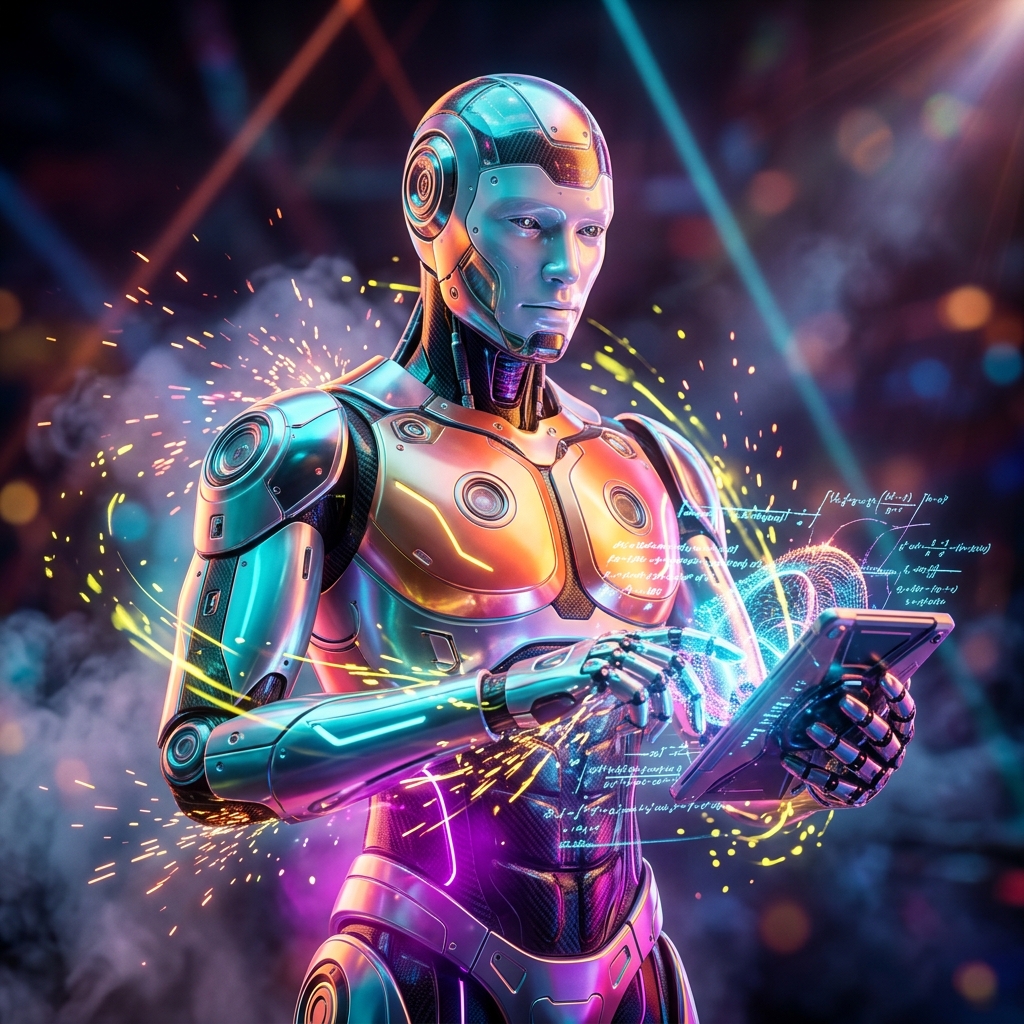 MathGrid — Theorem Workspace — Math category hero — chrome-plated bipedal android caught mid-motion, sparks and light particles trailing around it in underground rave-like data cathedral with laser beams cutting through smoke
