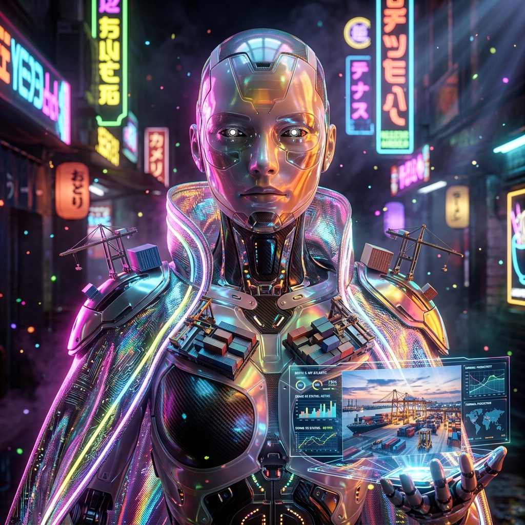 Matter Atlas Command | BerthOps Command — Shipping & Logistics category hero — elegant fashion-forward android in flowing reflective couture fabric, editorial pose in Blade-Runner-style noodle-shop alley with dense neon signage in the background