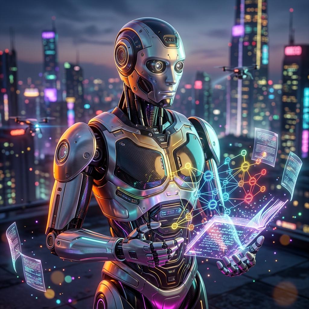Matter Atlas Legal Cockpit | CaseGraph Command β Legal category hero β sci-fi wizard robot with a floating spellbook of holographic glyphs and light particles in rooftop overlooking a neon megacity skyline at dusk, drones flying in the distance