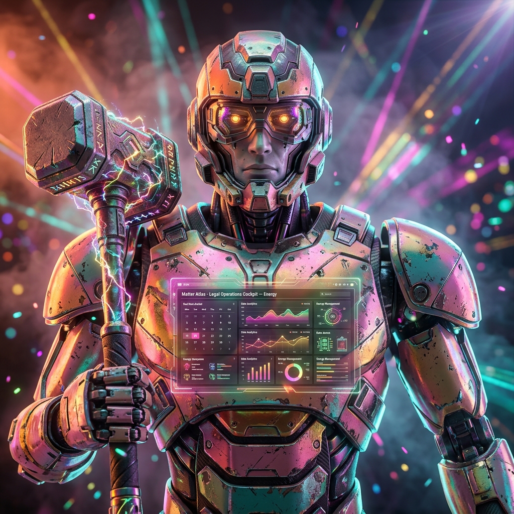 Matter Atlas · Legal Operations Cockpit — Energy category hero — war-worn but heroic mech pilot robot with painted panels, weathered detail, cinematic hero lighting in underground rave-like data cathedral with laser beams cutting through smoke
