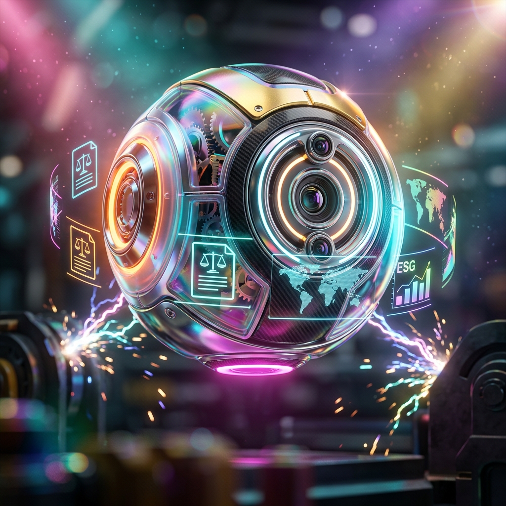 Matter Atlas | Legal Operations Command โ Legal category hero โ floating spherical AI orb with concentric glowing rings and orbiting holographic icons around it in magnetic-levitation factory floor with sparking arcs of electricity and machinery