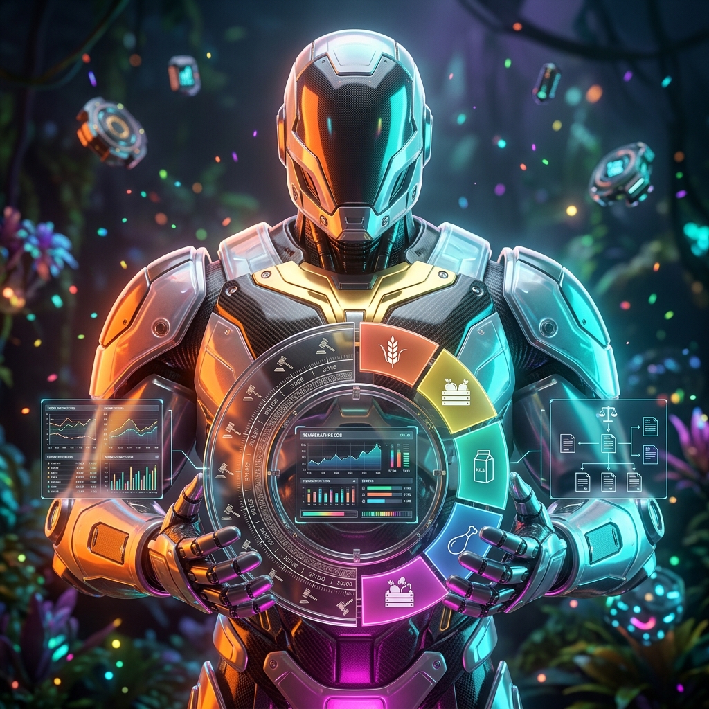 Matter Matrix — Legal Matter Atlas & HACCP Command — Food Nutrition category hero — heavily armored guardian robot holding a symbolic emblem of the category with both hands in alien jungle biome with glowing flora and floating tech artifacts