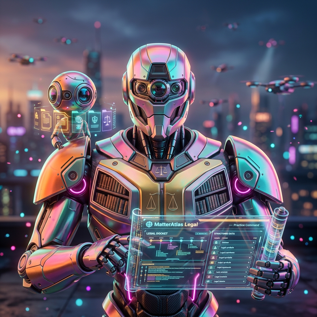MatterAtlas Legal — Practice Command — Legal category hero — duo of contrasting robots — one large hero mech and a small companion droid — composed cinematically in rooftop overlooking a neon megacity skyline at dusk, drones flying in the distance