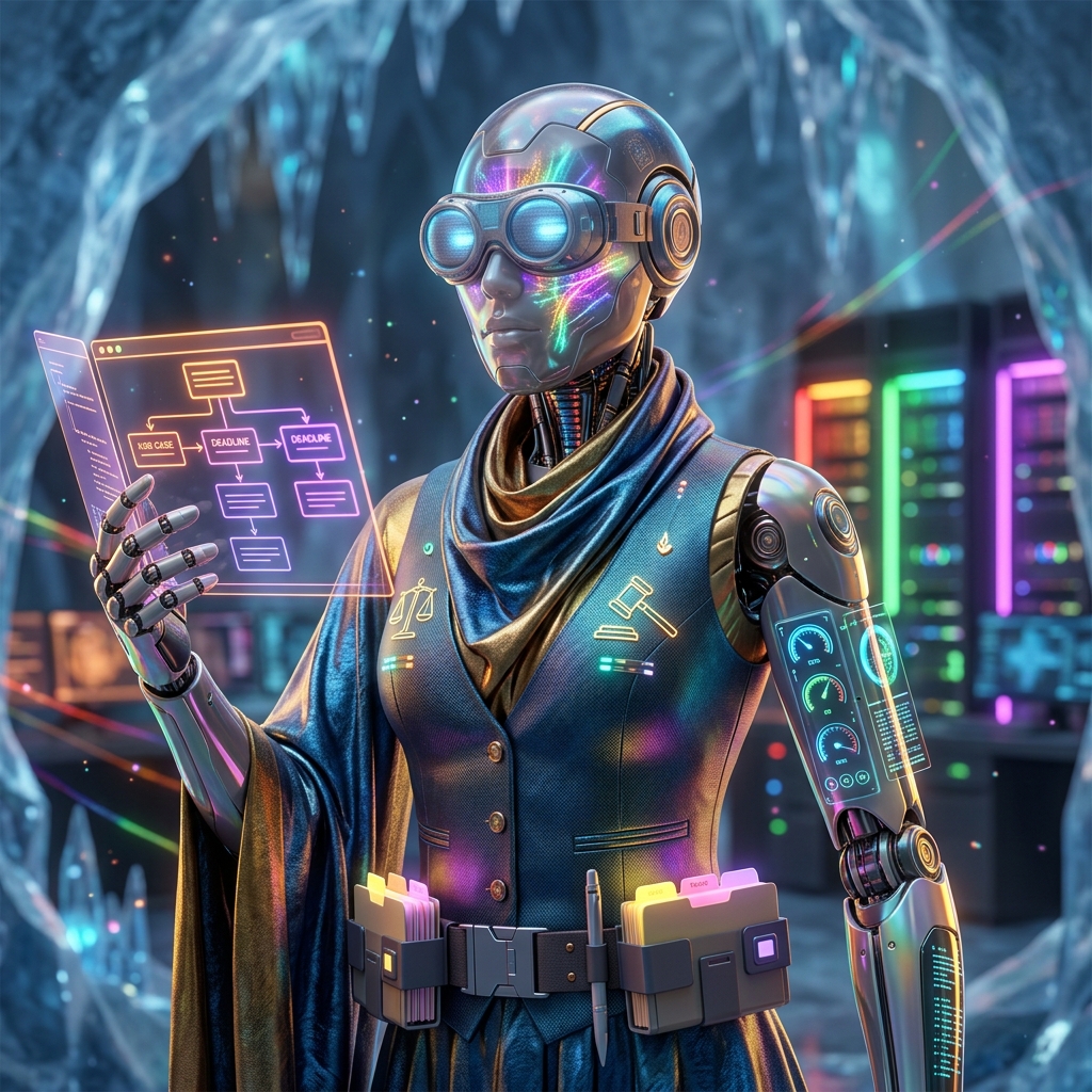 Mattergrid Atlas — Legal Practice Operations Board — Legal category hero — elegant fashion-forward android in flowing reflective couture fabric, editorial pose in crystalline ice cavern lit by bioluminescent tech installations
