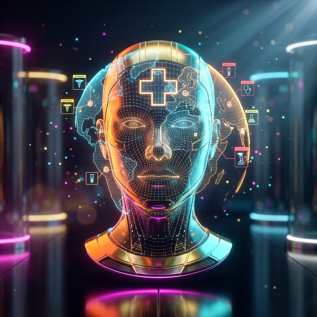 Matterline · Legal Matter Atlas — Health category hero — wireframe holographic human head made of glowing data points, floating in the frame center in chrome-and-glass showroom with mirrored floor and rim-lit product staging