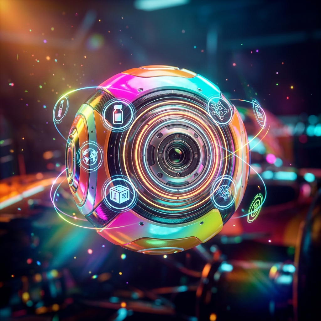 MedChainOps – Pharmaceutical Supply Chain Neural Board — Shipping & Logistics category hero — floating spherical AI orb with concentric glowing rings and orbiting holographic icons around it in Formula-1 style pit garage with saturated color lighting and mechanical detail