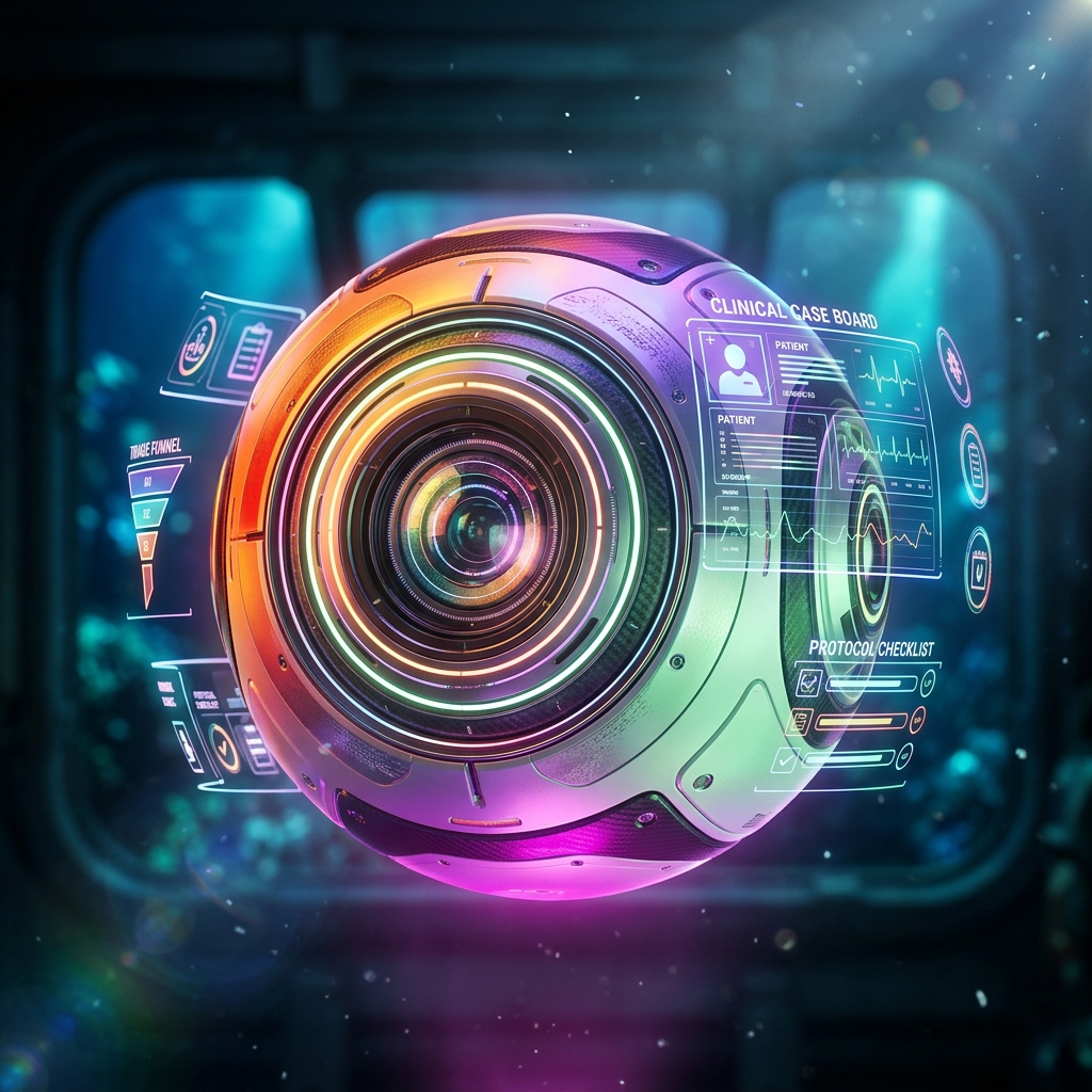 MediCase Command — Clinical Case Board — Health category hero — floating spherical AI orb with concentric glowing rings and orbiting holographic icons around it in deep-sea research bay with bulkhead windows onto a bioluminescent ocean