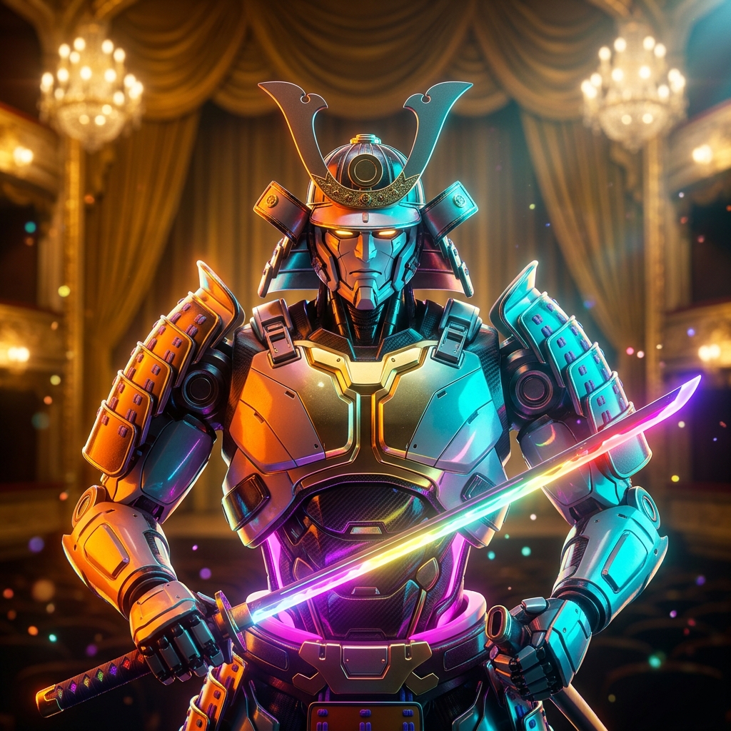 MediForte — Telehealth Command — Health category hero — majestic samurai-styled mech in lacquered armor with neon under-glow, katana of light in hand in golden-lit theater interior with heavy velvet curtains and cinematic chandeliers