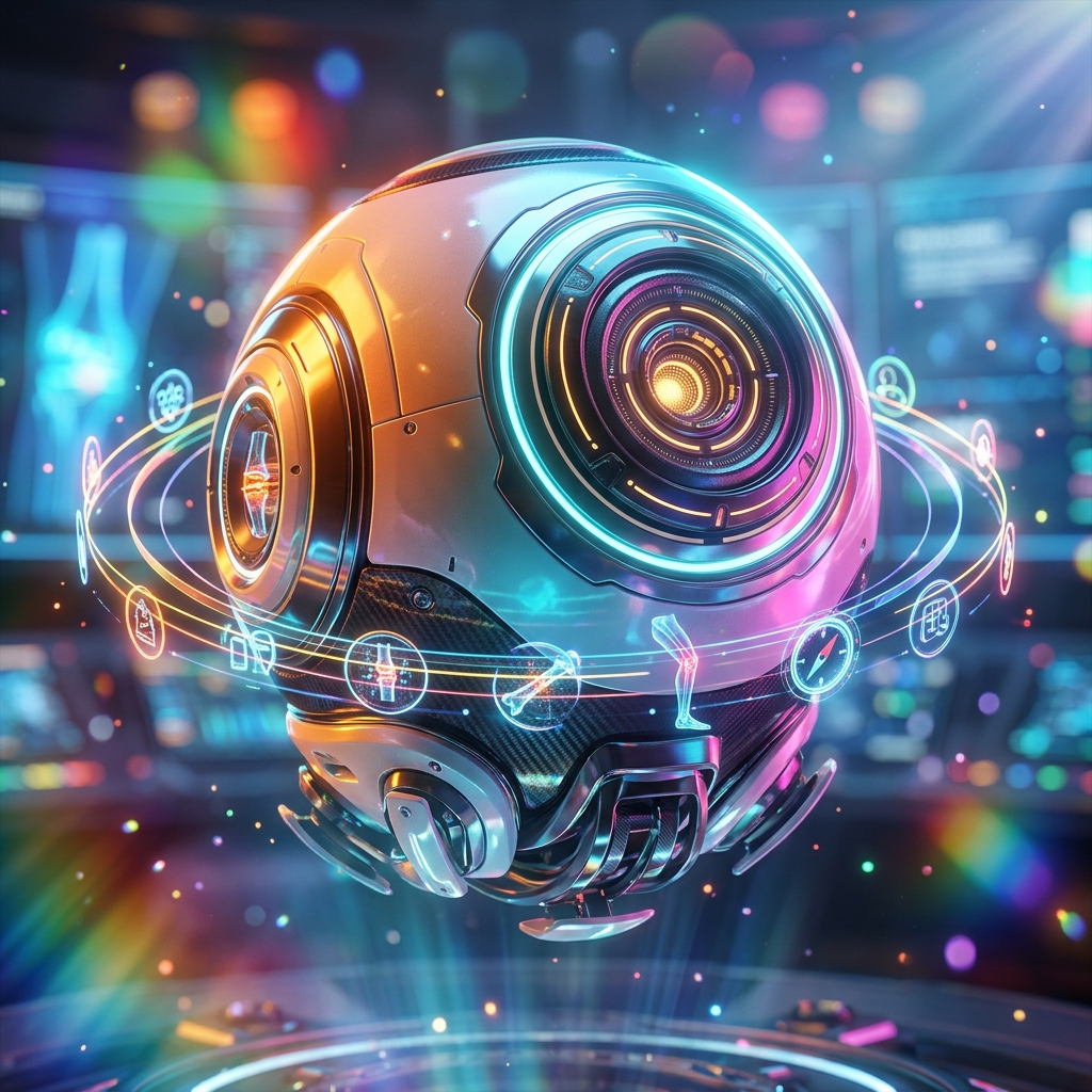MedLedger — Fracture Recovery Planner — Digital Health category hero — floating spherical AI orb with concentric glowing rings and orbiting holographic icons around it in futuristic control room with massive glowing holographic screens and volumetric light rays