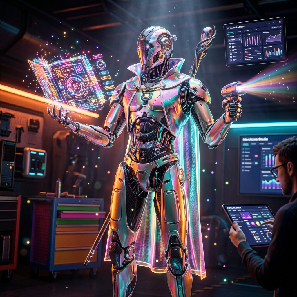 MerchLine Studio — Retail POS Production Suite — Point of Sale category hero — sci-fi wizard robot with a floating spellbook of holographic glyphs and light particles in Formula-1 style pit garage with saturated color lighting and mechanical detail