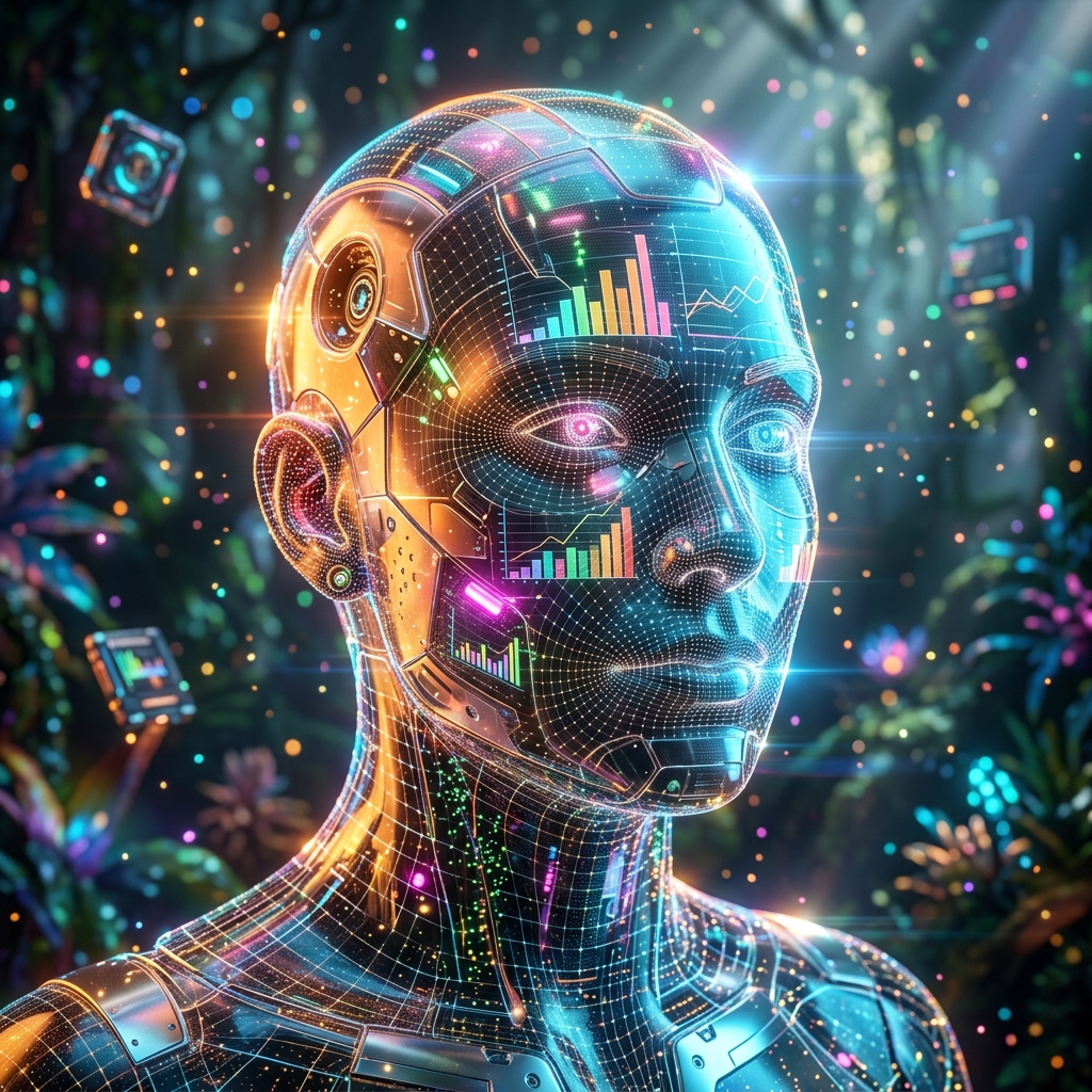 Meridian Treasury — Financial Strategy Terminal for Recruitment — HR & Recruiting category hero — wireframe holographic human head made of glowing data points, floating in the frame center in alien jungle biome with glowing flora and floating tech artifacts