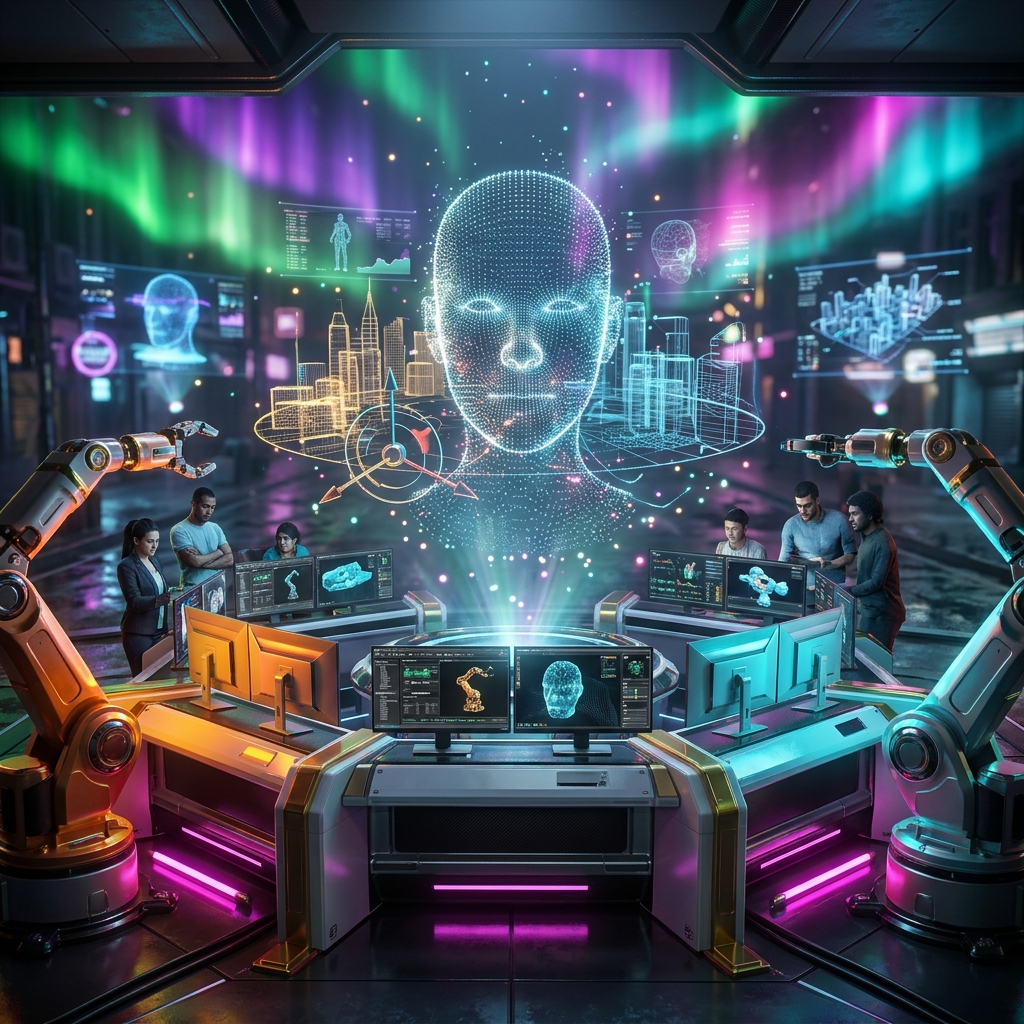 MeshForge Control Center — 3D Modeling Mission Console — 3D Modeling category hero — wireframe holographic human head made of glowing data points, floating in the frame center in neon-lit cyberpunk street at night, wet pavement reflections, hovering holograms in the background