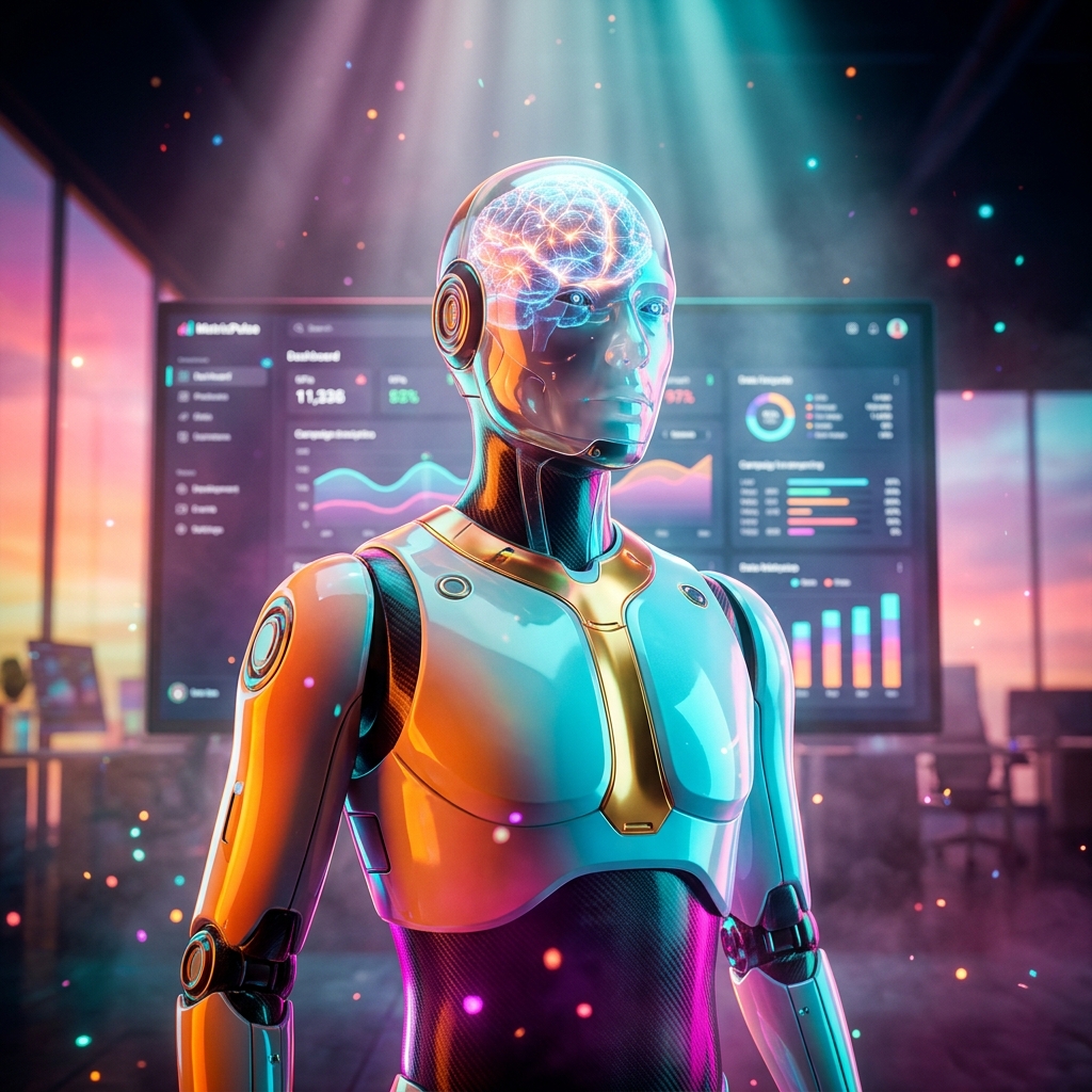 MetricPulse — Campaign Command Wall — Analytics category hero — translucent glass humanoid figure with a glowing neural-network brain visible inside its head in dark cinematic stage with dramatic spotlights streaming down and a hazy atmospheric fog