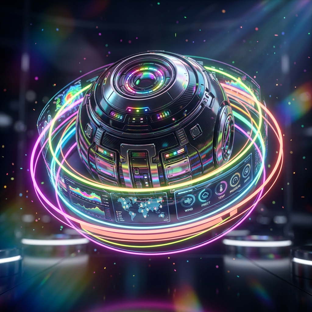 MetroClimate Observatory — Weather category hero — floating spherical AI orb with concentric glowing rings and orbiting holographic icons around it in chrome-and-glass showroom with mirrored floor and rim-lit product staging