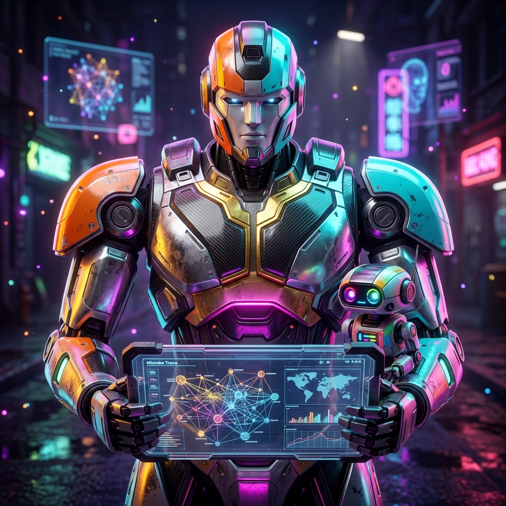 Microbe Trace | Field Ops Grid for Microbiologists — Science category hero — duo of contrasting robots — one large hero mech and a small companion droid — composed cinematically in neon-lit cyberpunk street at night, wet pavement reflections, hovering holograms in the background