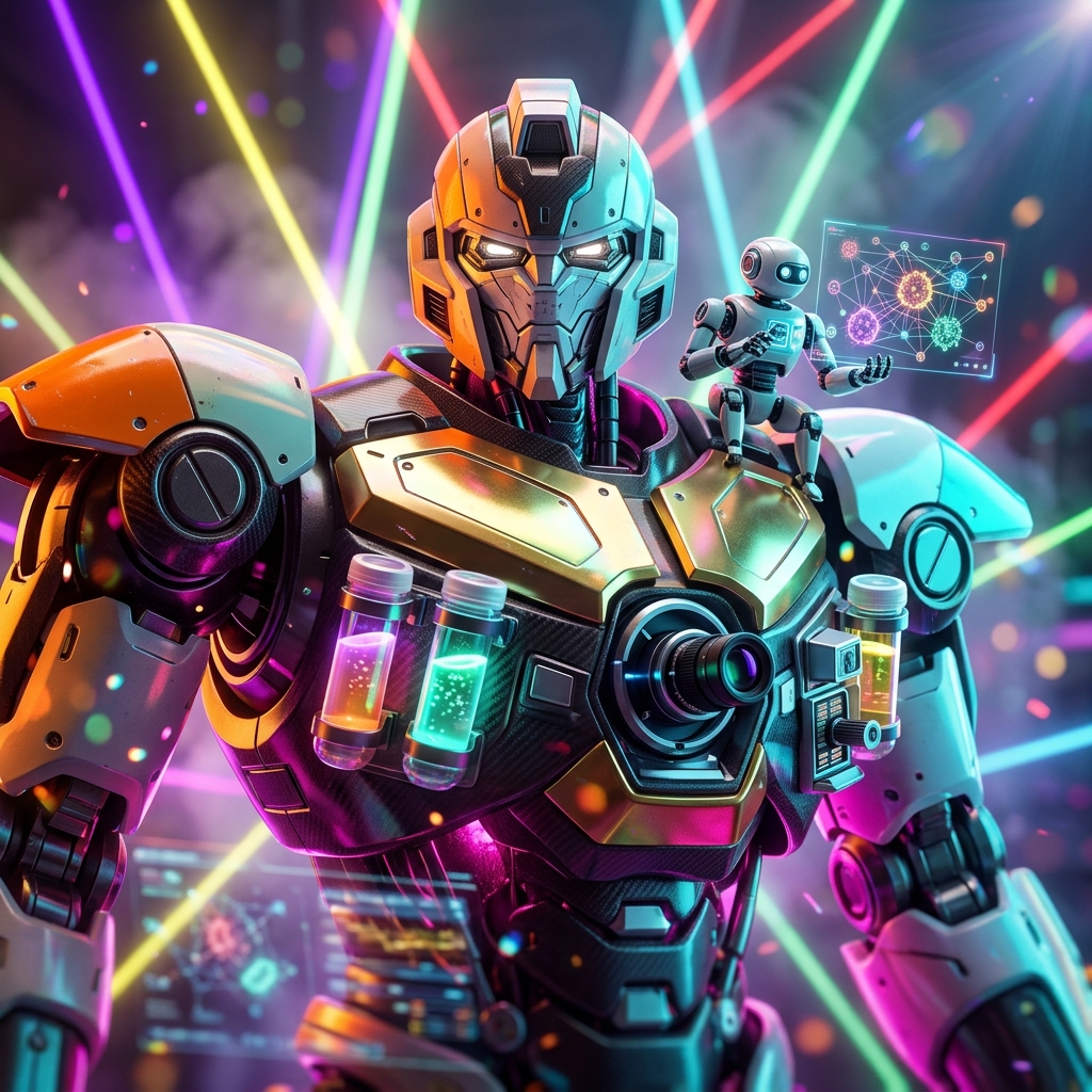Microbe Trace — Laboratory Outbreak Intelligence — Science category hero — duo of contrasting robots — one large hero mech and a small companion droid — composed cinematically in underground rave-like data cathedral with laser beams cutting through smoke
