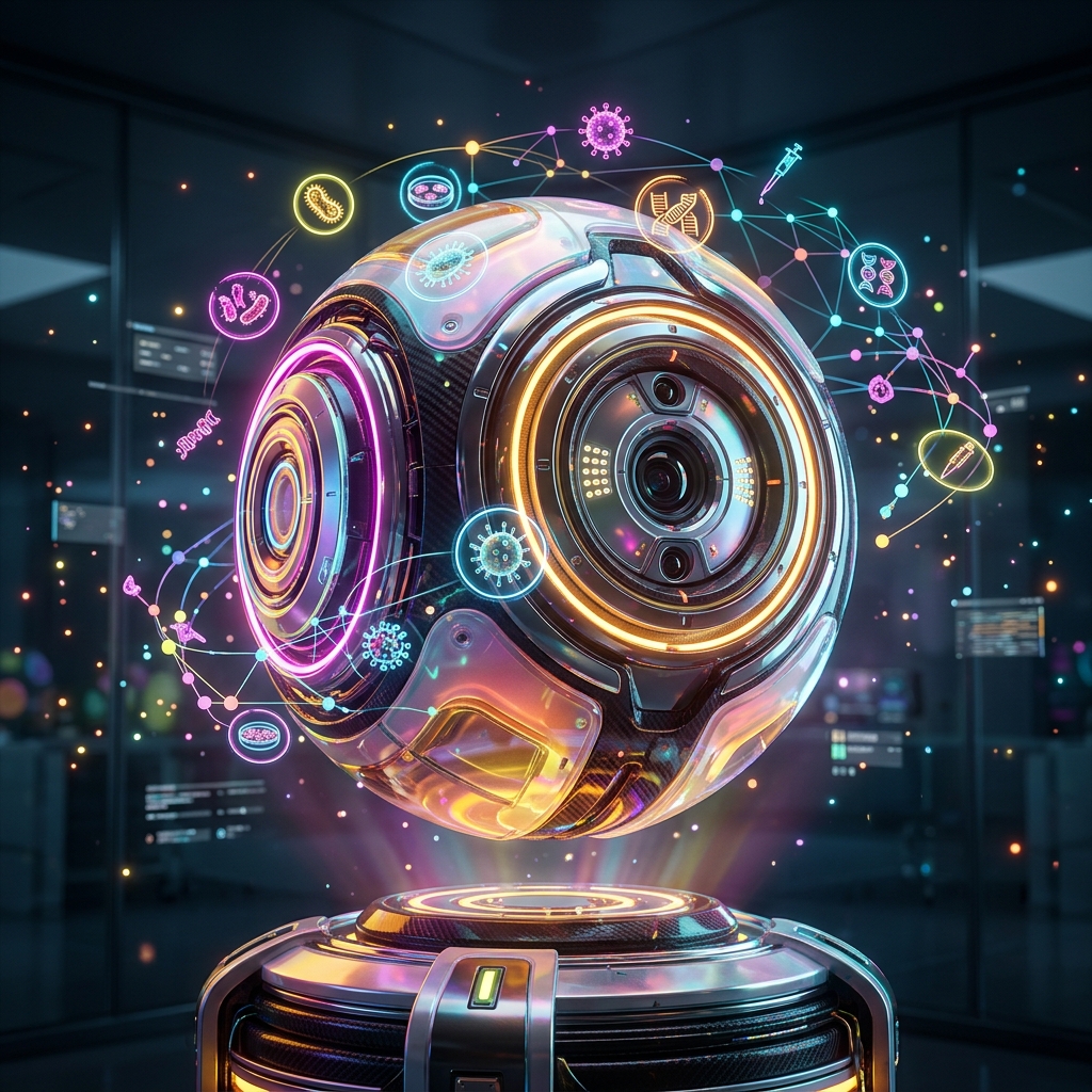MicrobeTrace | Outbreak Intelligence & Antibiogram Ledger — Health category hero — floating spherical AI orb with concentric glowing rings and orbiting holographic icons around it in sleek high-tech laboratory with glass walls, floating data panels and particle light