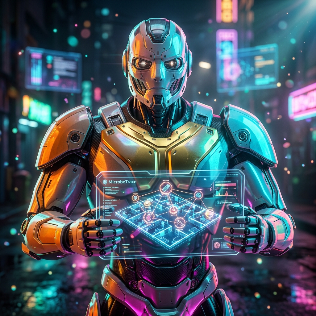 MicrobeTrace — Outbreak Intelligence Terminal — Analytics category hero — heavily armored guardian robot holding a symbolic emblem of the category with both hands in neon-lit cyberpunk street at night, wet pavement reflections, hovering holograms in the background
