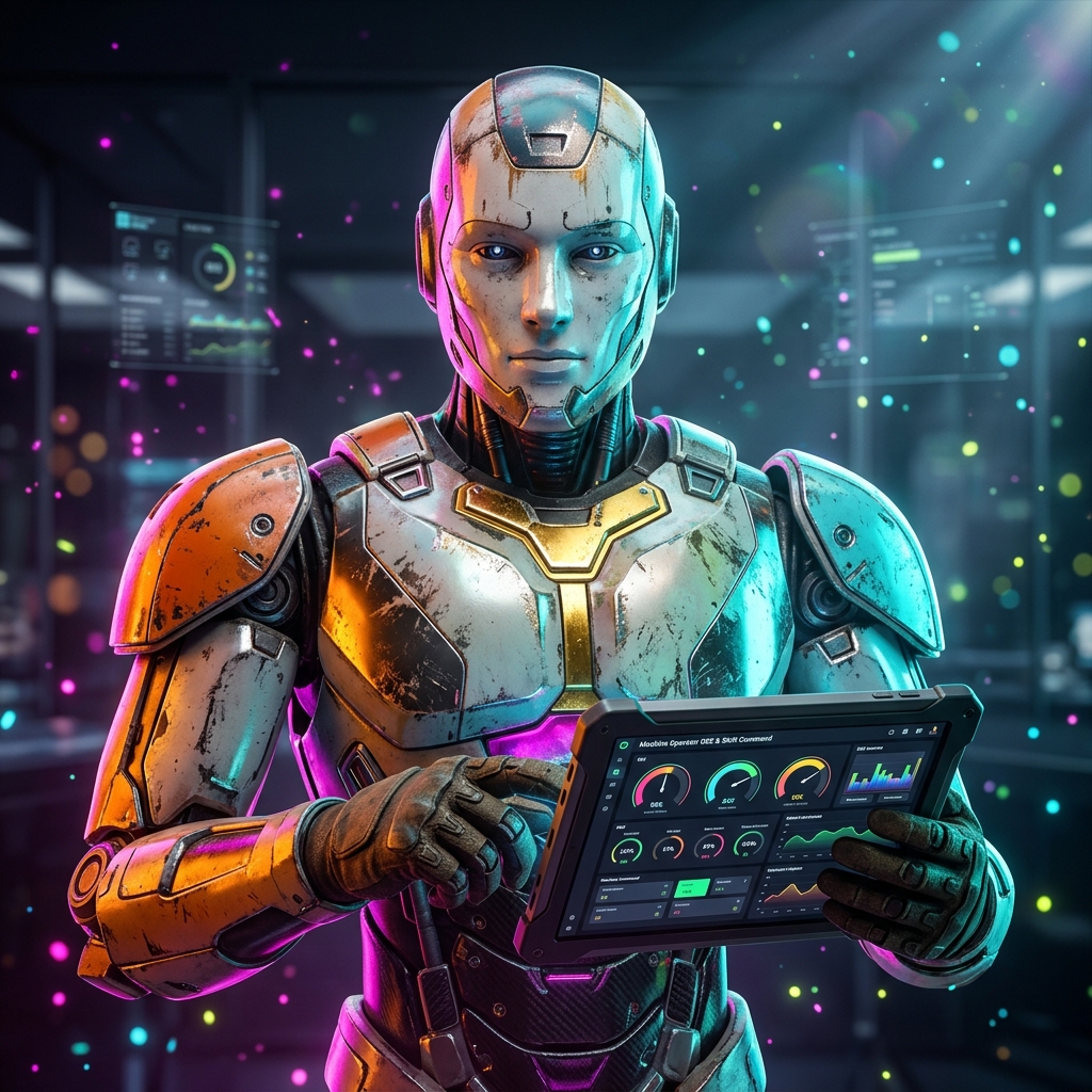 MillPulse Console | Machine Operator OEE & Shift Command — Business Management category hero — war-worn but heroic mech pilot robot with painted panels, weathered detail, cinematic hero lighting in sleek high-tech laboratory with glass walls, floating data panels and particle light