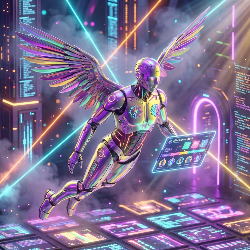 MindForge Studio – Life Coaching Production Suite — Life Coaching & Personal Development category hero — courier-style android with iridescent wings unfurled, mid-flight silhouette against the environment in underground rave-like data cathedral with laser beams cutting through smoke