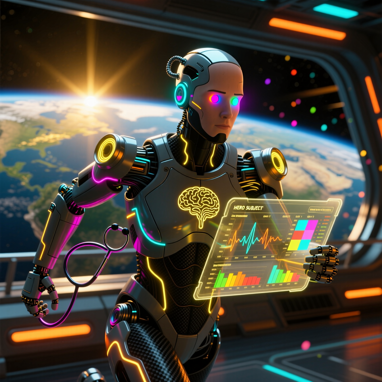 MindPractice Suite — Psychiatric Practice Command — Medical Services category hero — sleek sports-car-inspired bipedal android mid-motion, carbon-fiber musculature and glowing accent lines in orbital space station observation deck with a planet glowing outside the panoramic window