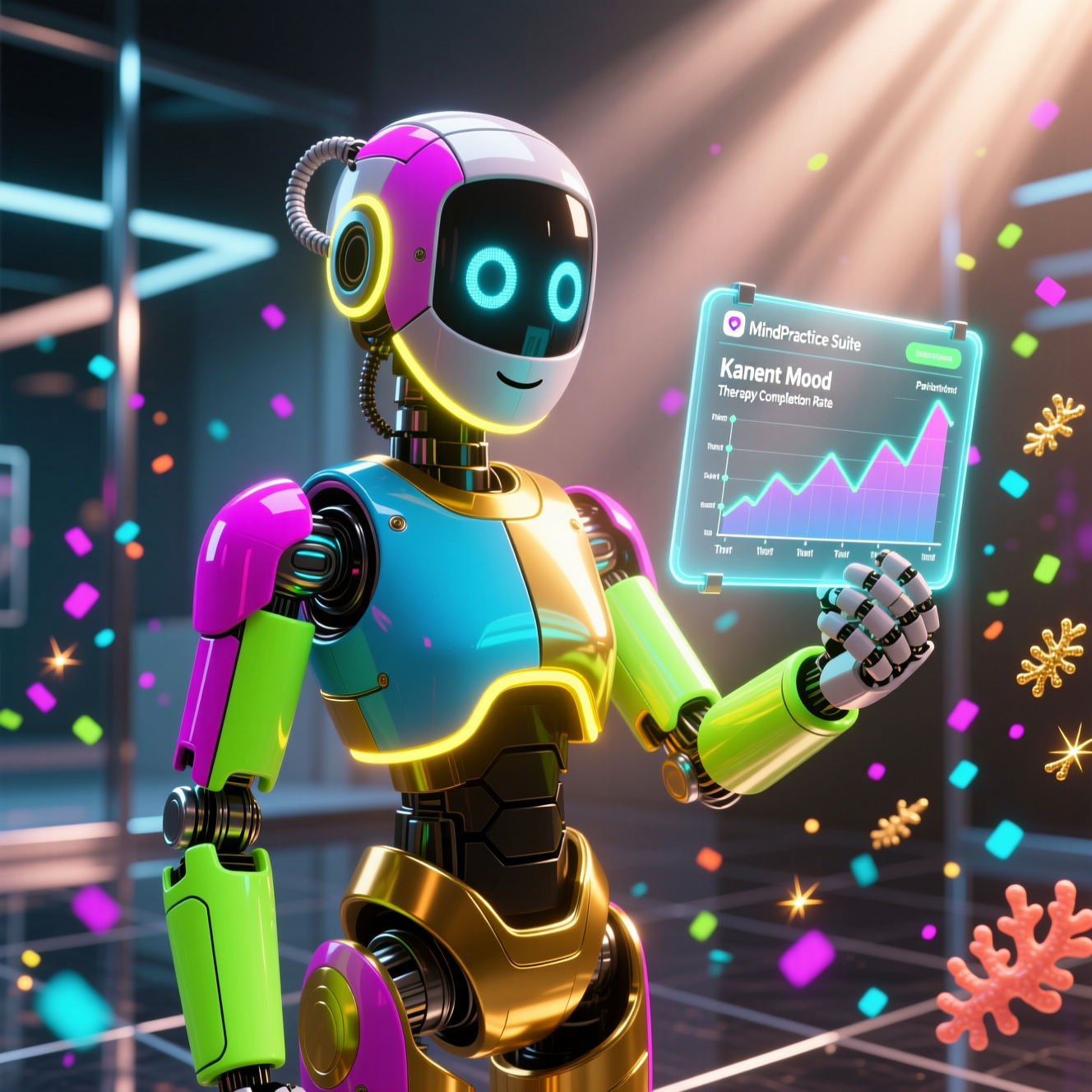 MindPractice Suite — Psychiatric Practice Command Center — Medical Services category hero — friendly Pixar-quality mascot robot with big expressive optical eyes, holding an object that represents the category in chrome-and-glass showroom with mirrored floor and rim-lit product staging
