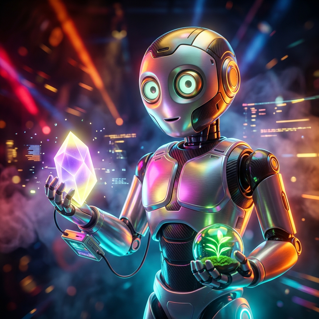 MindSanctum · Digital Wellness Command Center — Digital Wellness & Mindful Living category hero — friendly Pixar-quality mascot robot with big expressive optical eyes, holding an object that represents the category in underground rave-like data cathedral with laser beams cutting through smoke