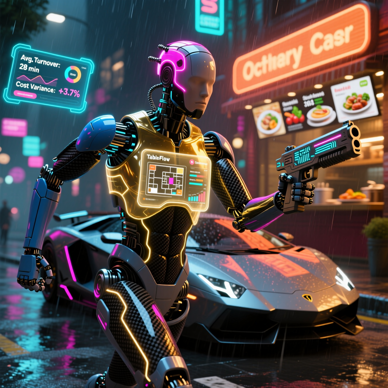 MiseMatrix Command — Food Cost & TableFlow — Food & Cooking category hero — sleek sports-car-inspired bipedal android mid-motion, carbon-fiber musculature and glowing accent lines in neon-lit cyberpunk street at night, wet pavement reflections, hovering holograms in the background