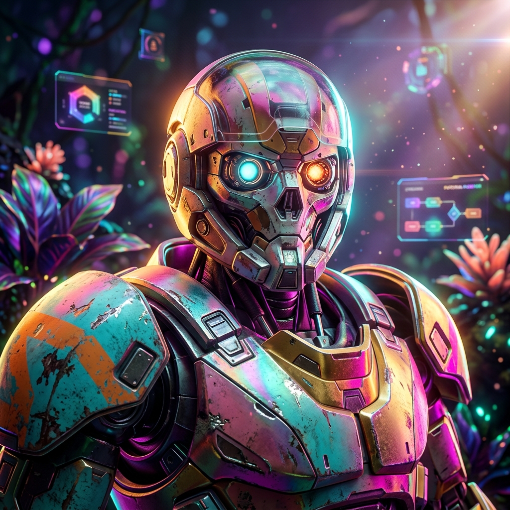 Mission Control Cockpit | StudyOS — Tutorials category hero — war-worn but heroic mech pilot robot with painted panels, weathered detail, cinematic hero lighting in alien jungle biome with glowing flora and floating tech artifacts