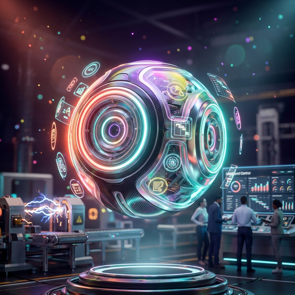 MissionControl Cockpit — Project & Task Command Center — Project Management category hero — floating spherical AI orb with concentric glowing rings and orbiting holographic icons around it in magnetic-levitation factory floor with sparking arcs of electricity and machinery