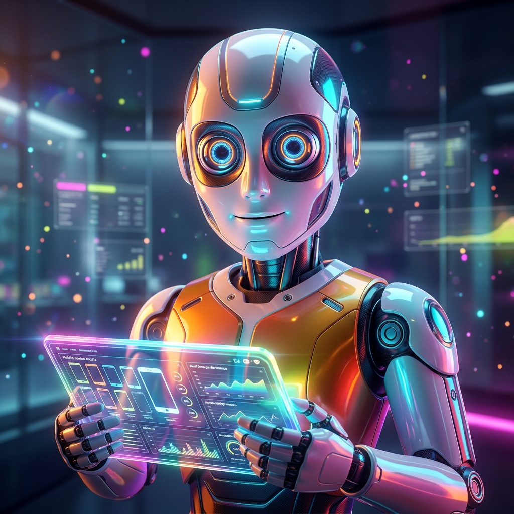 Mobile QA Lab — Mobile Test Command Center — Accessibility category hero — friendly Pixar-quality mascot robot with big expressive optical eyes, holding an object that represents the category in sleek high-tech laboratory with glass walls, floating data panels and particle light