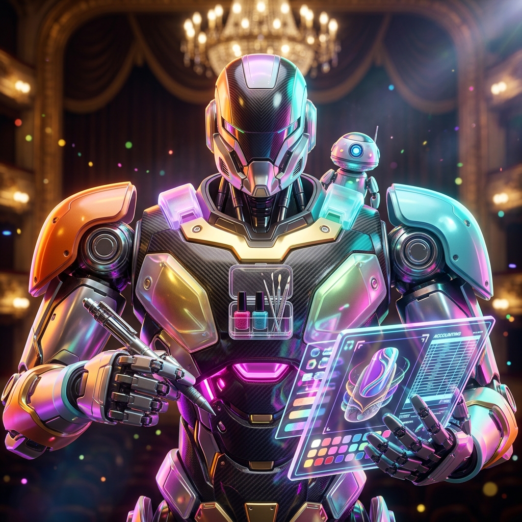 Nail Art Planner — Studio Ledger — Art category hero — duo of contrasting robots — one large hero mech and a small companion droid — composed cinematically in golden-lit theater interior with heavy velvet curtains and cinematic chandeliers