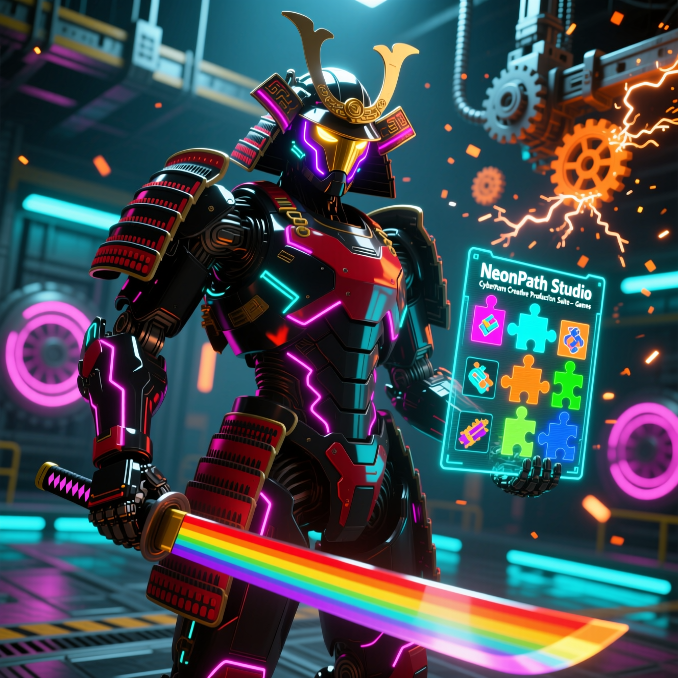 NeonPath Studio — Cyberpunk Creative Production Suite — Games category hero — majestic samurai-styled mech in lacquered armor with neon under-glow, katana of light in hand in magnetic-levitation factory floor with sparking arcs of electricity and machinery